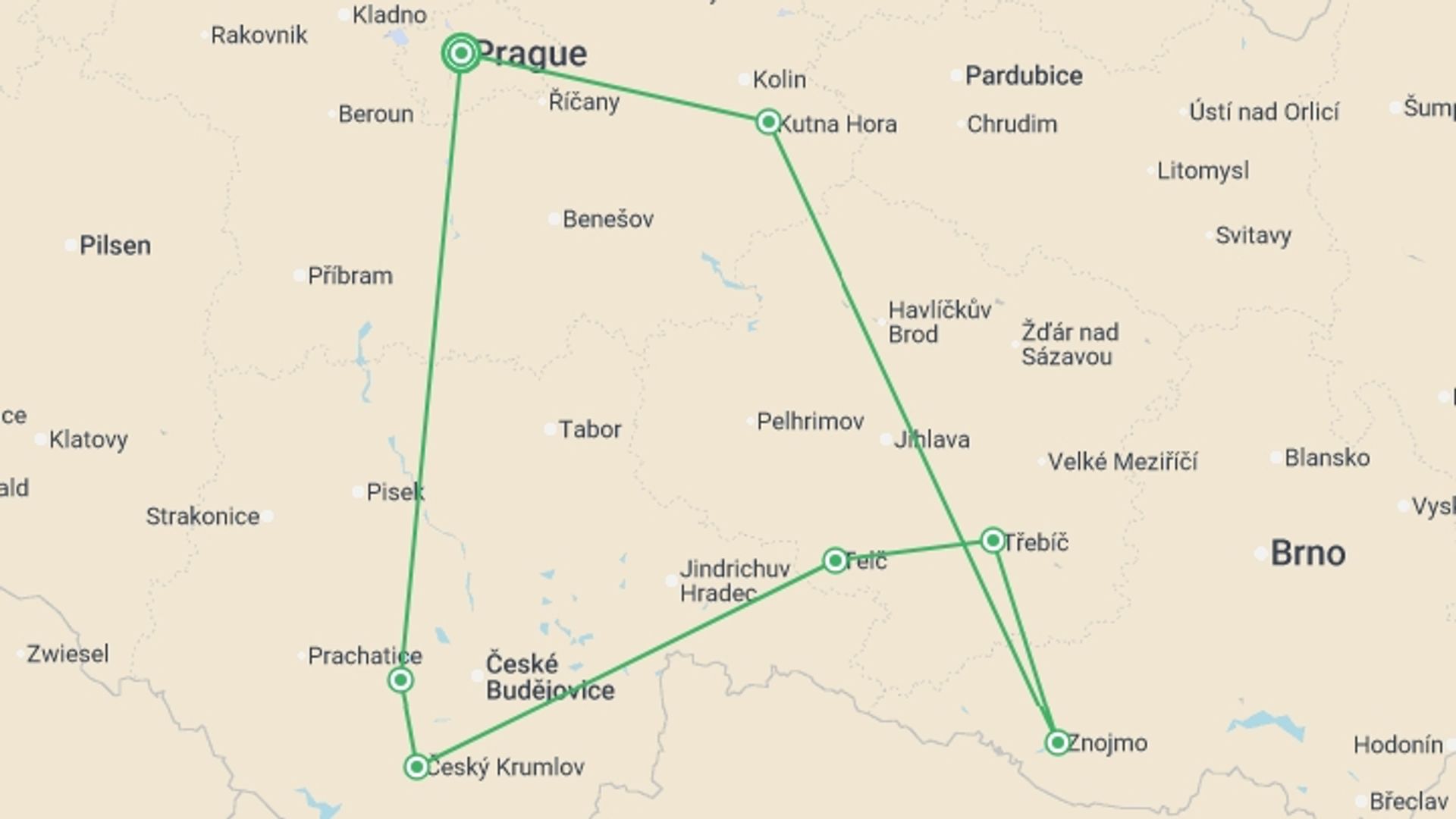 A map showing the tour itinerary for the trip: Czechia UNESCO Tour – 6 UNESCO Sites in 6 Day, starting in Prague, Czech Republic and ending in Prague, Czech Republic going through 2 other destinations.