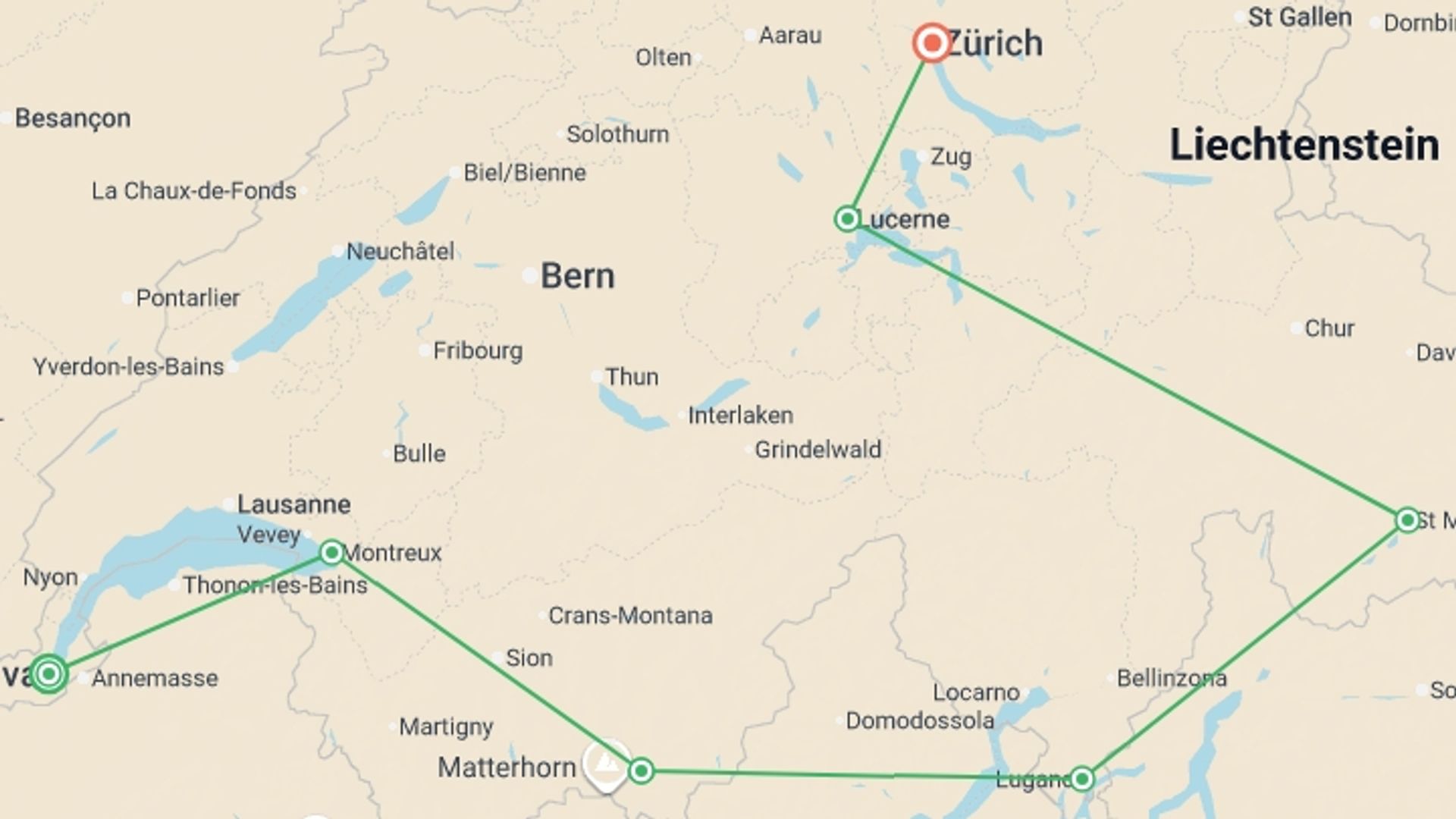 A map showing the tour itinerary for the trip: Glorious Switzerland, starting in Geneva, Switzerland and ending in Zurich, Switzerland going through 4 other destinations.