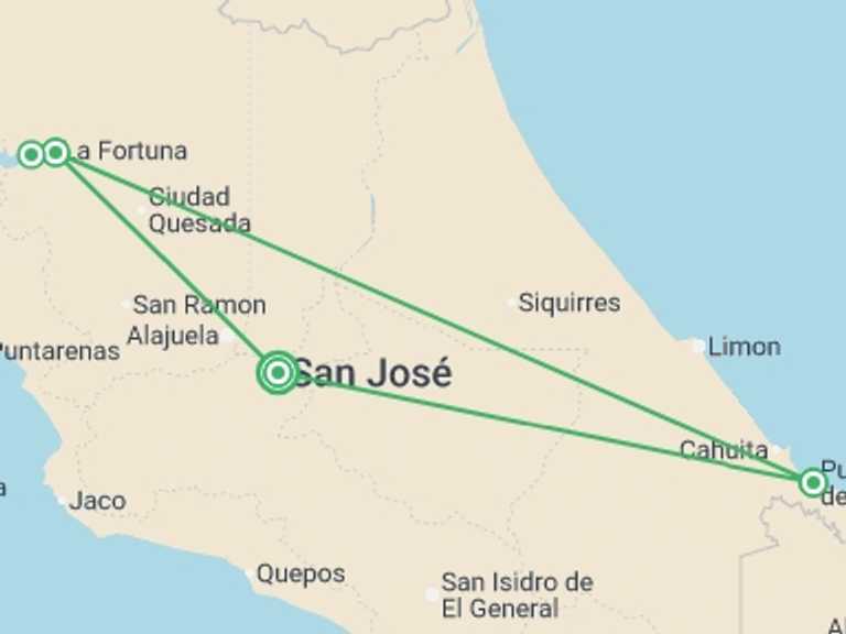 Map of a Adventure Tour with 3 destination visits for the trip: Costa Rica Nature Explorer 8D/7N