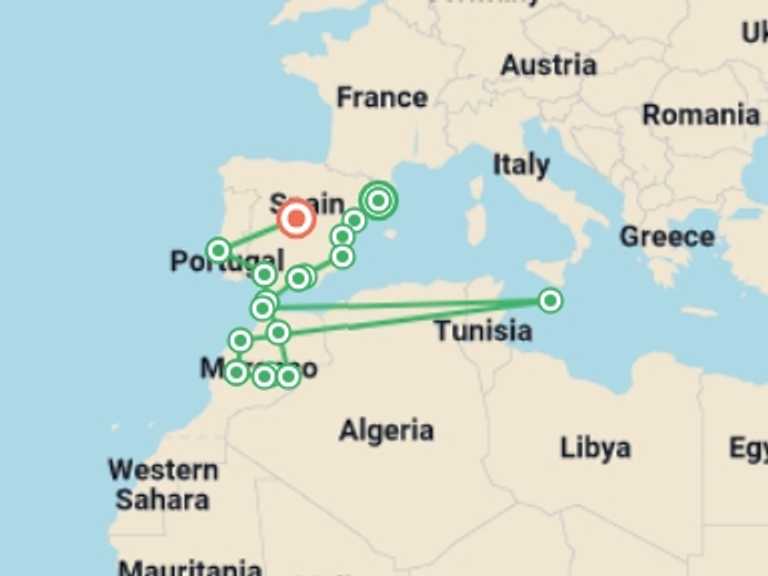 Map of Spain Tour with 12 destination visits for the trip: Spain, Morocco and Portugal (without Alhambra)
