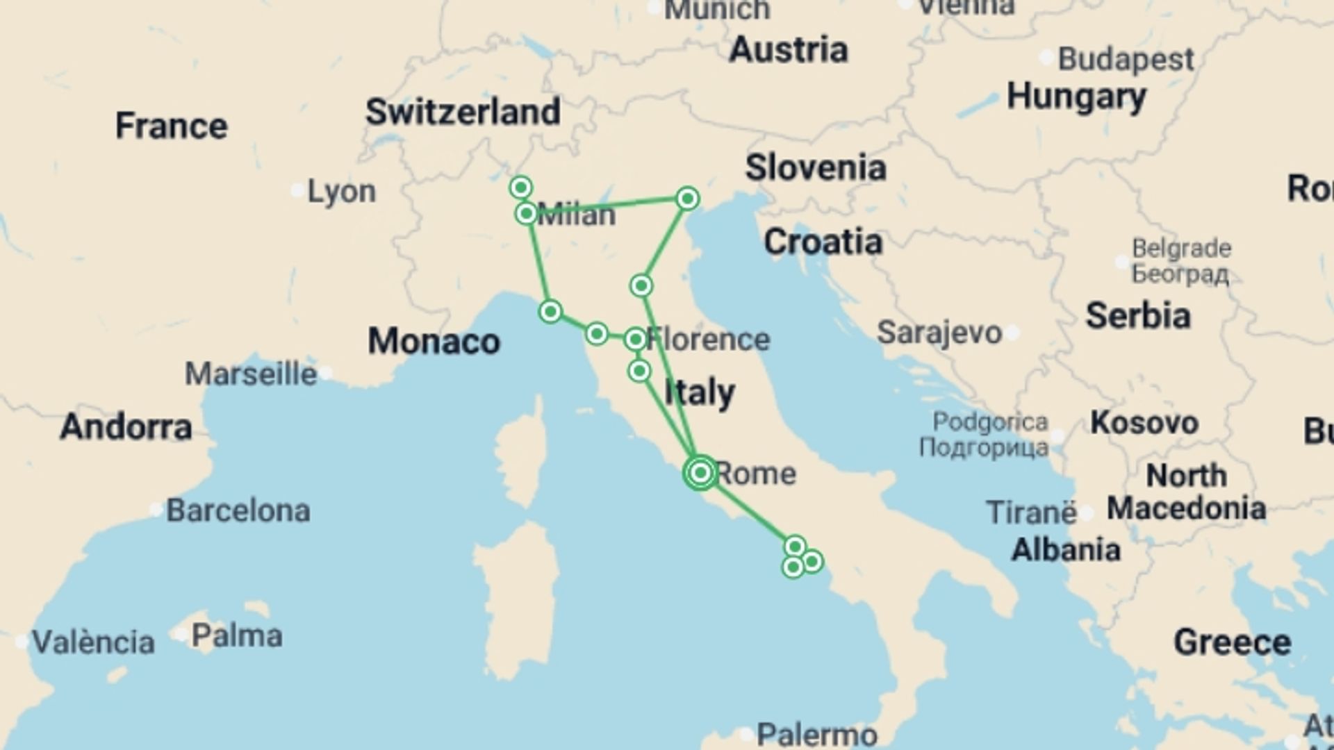 A map showing the tour itinerary for the trip: Simply Italy, starting in Rome, Italy and ending in Rome, Italy going through 6 other destinations.