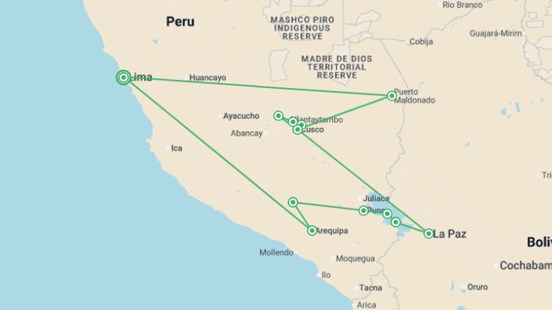 A map showing the tour itinerary for the trip: Peru Encompassed - 20 days, starting in Lima, Peru and ending in Lima, Peru going through 9 other destinations.