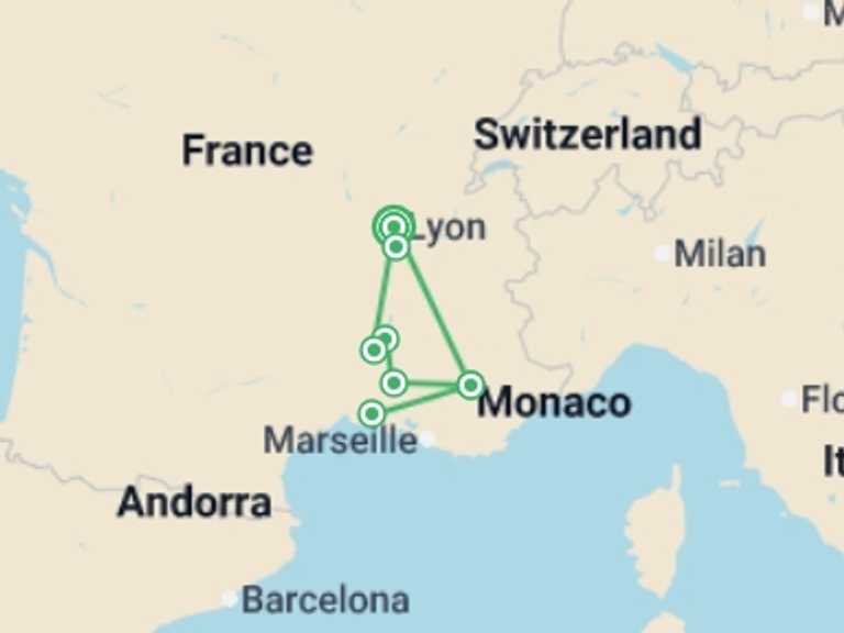 Map itinerary of France Tour in May 2026 with 4 destination visits for the trip: All the must-see sites on the Rhône between Lyon, Provence, and the Camargue with a dinner at Paul Bocuse's Abbaye de Collonges Restaurant OFFERED (port-to-port cruise)