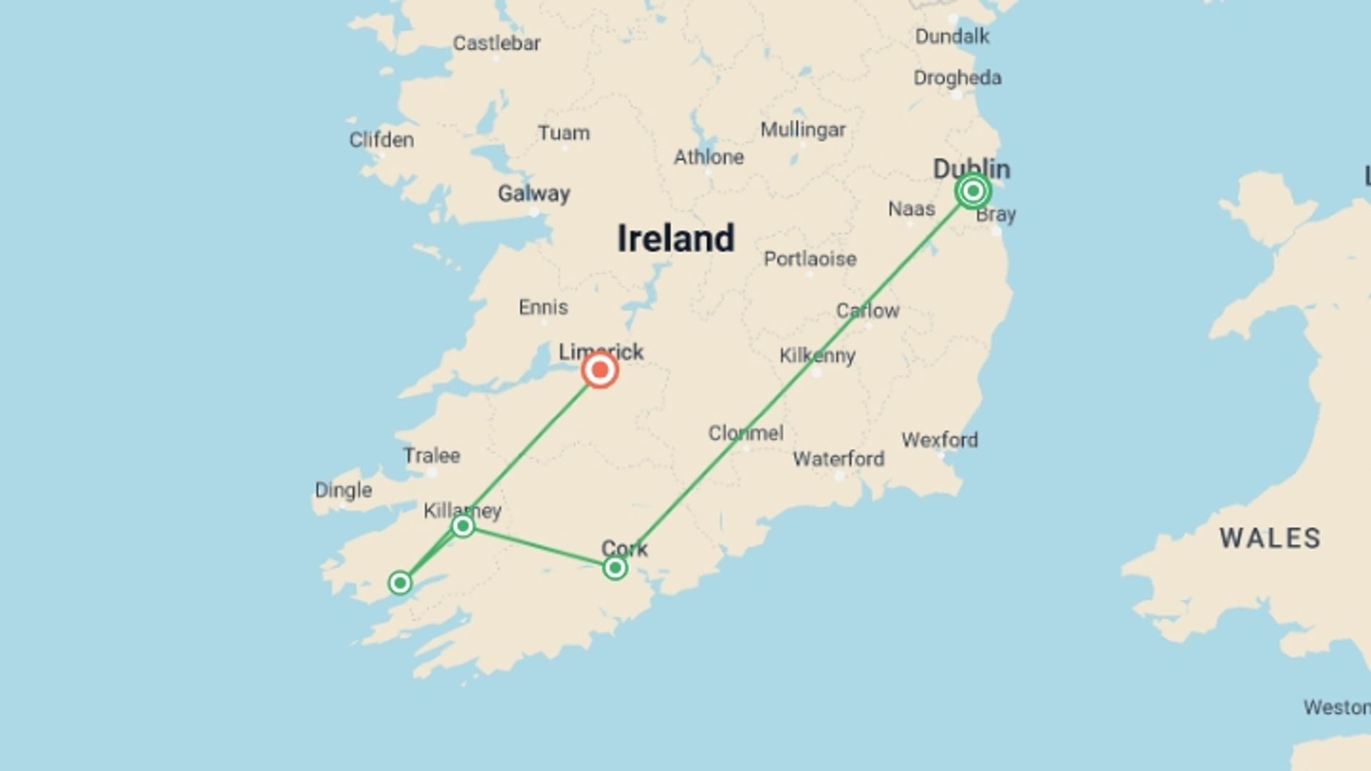 A map showing the tour itinerary for the trip: Ireland Family Journey: Castles, Folklore & Gaelic Traditions, starting in Dublin, Ireland and ending in Limerick, Ireland going through 3 other destinations.