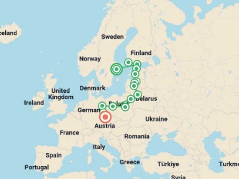 Map of Scandinavia Tour with 13 destination visits for the trip: Baltic Capitals End Prague