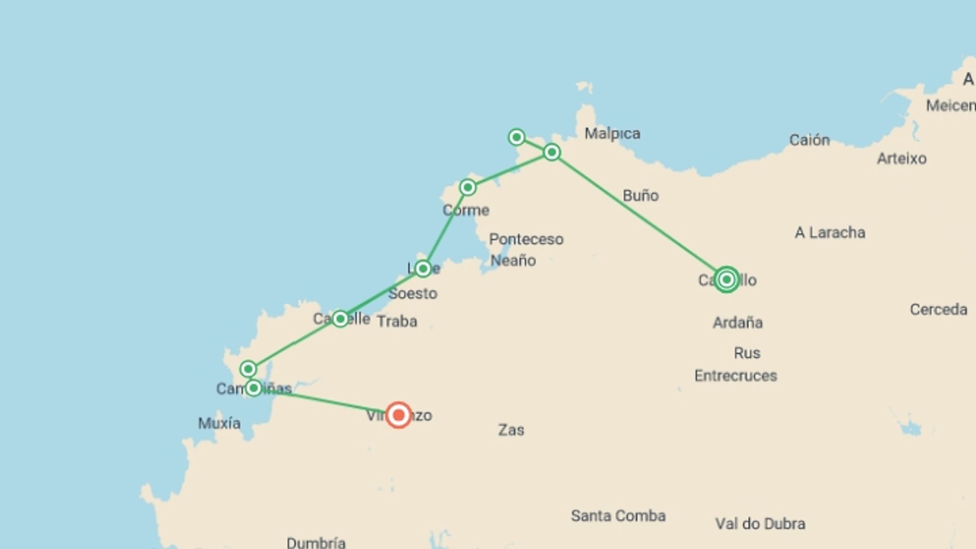 A map showing the tour itinerary for the trip: Camino dos Faros: The Lighthouse Way, starting in Carballo, Spain and ending in Vimianzo, Spain going through 4 other destinations.