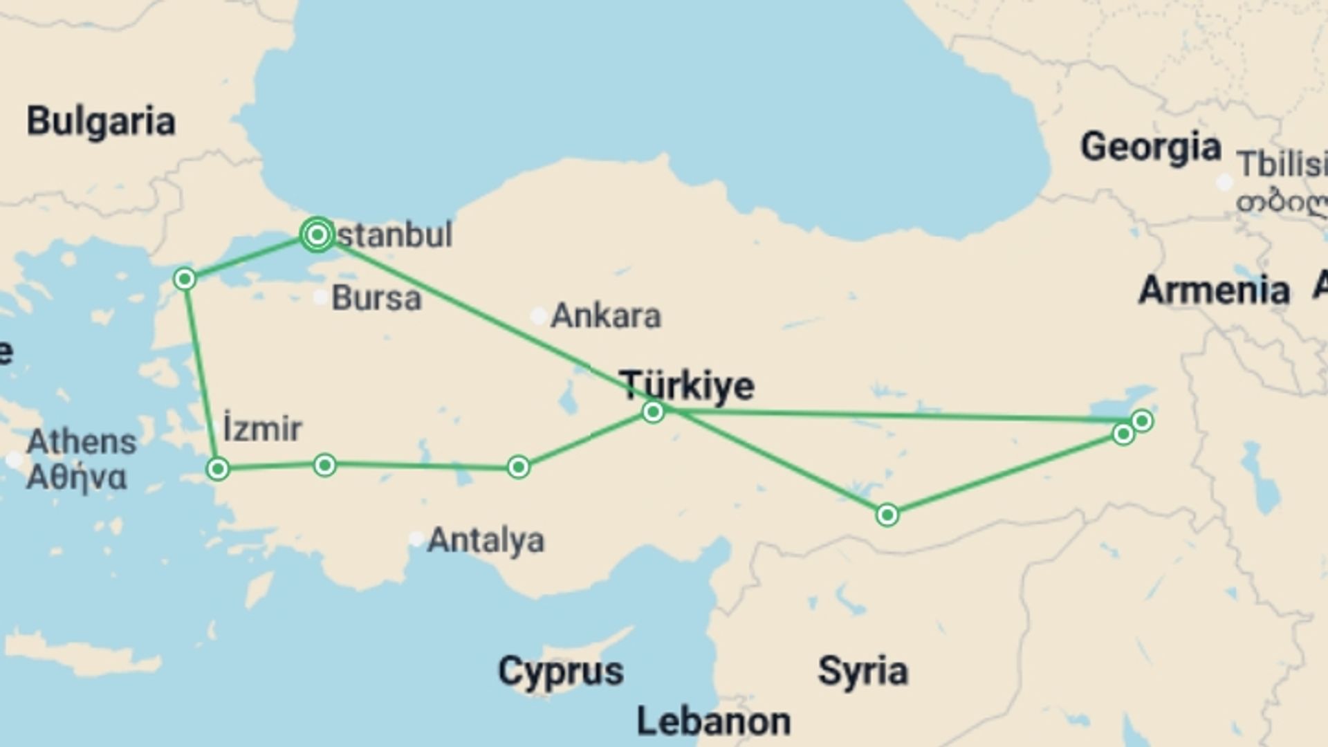 A map showing the tour itinerary for the trip: Magic Explorer Tour, starting in Istanbul, Turkey and ending in Istanbul, Turkey going through 8 other destinations.
