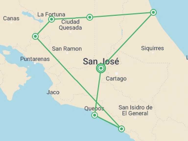 Map itinerary of San Jose Tour in January 2027 with 7 destination visits for the trip: Best of Costa Rica Family Holiday