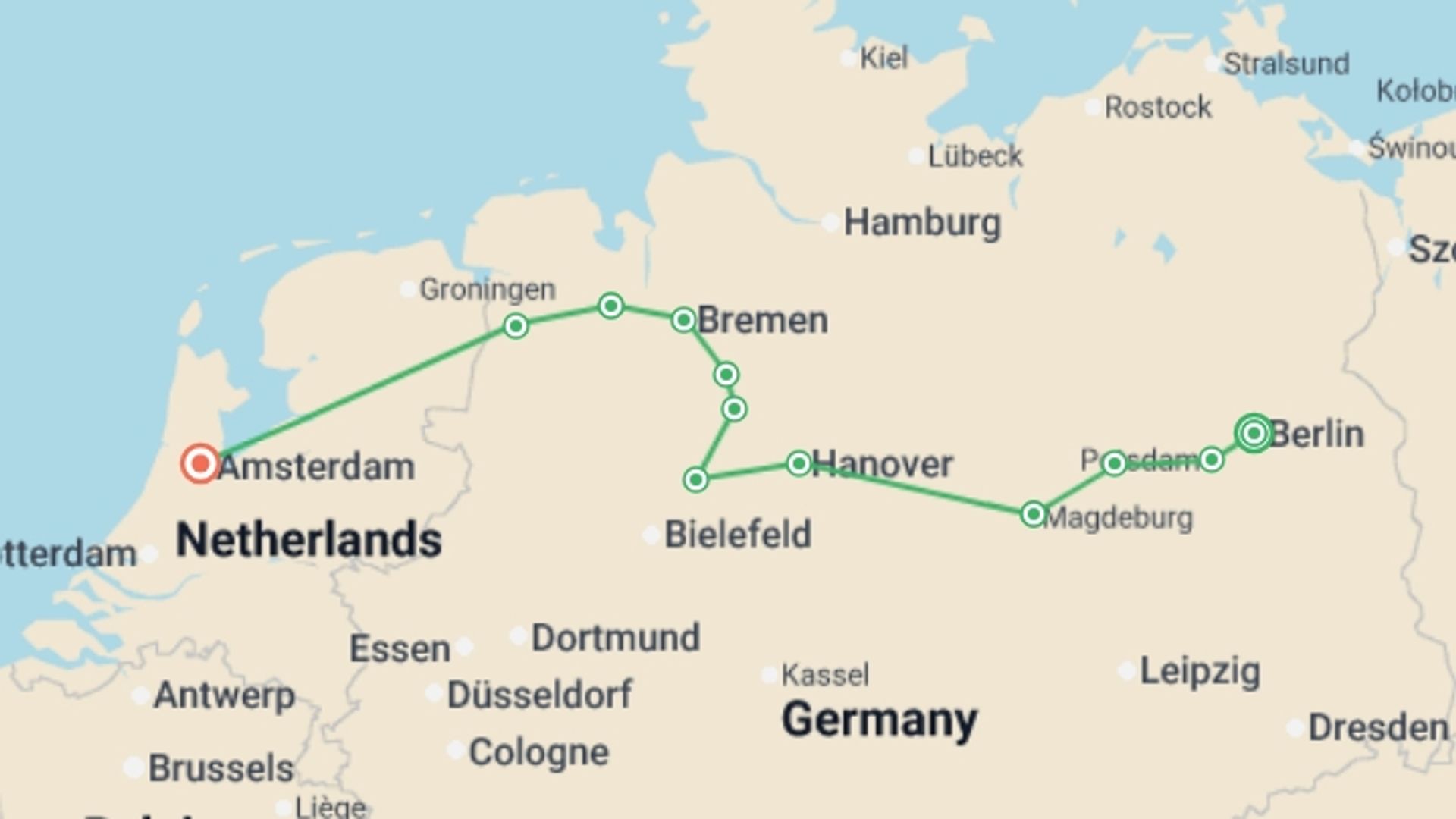 A map showing the tour itinerary for the trip: From Berlin to Amsterdam (port-to-port cruise), starting in Berlin, Germany and ending in Amsterdam, Holland going through 7 other destinations.