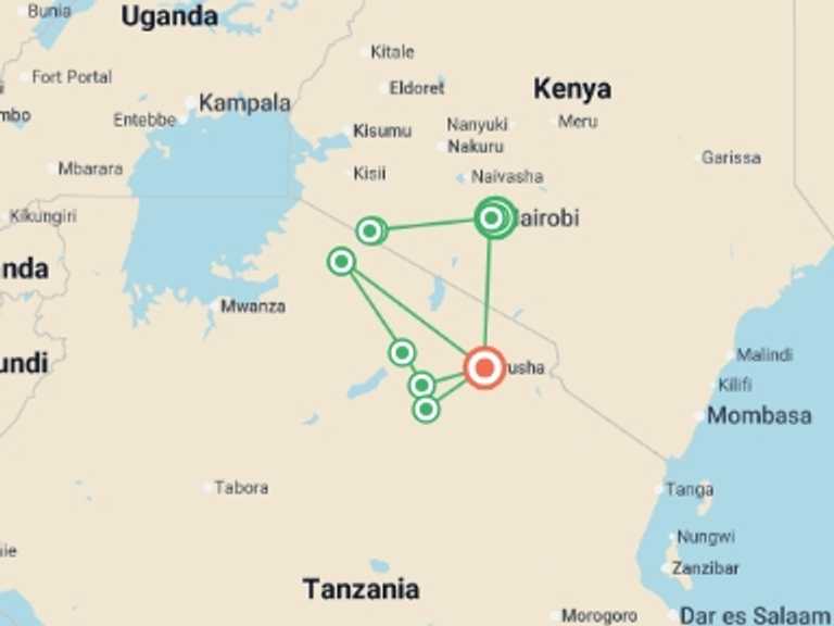 Map of a Wildlife, landscapes and nature Tour with 8 destination visits for the trip: Kenya and Tanzania Safari