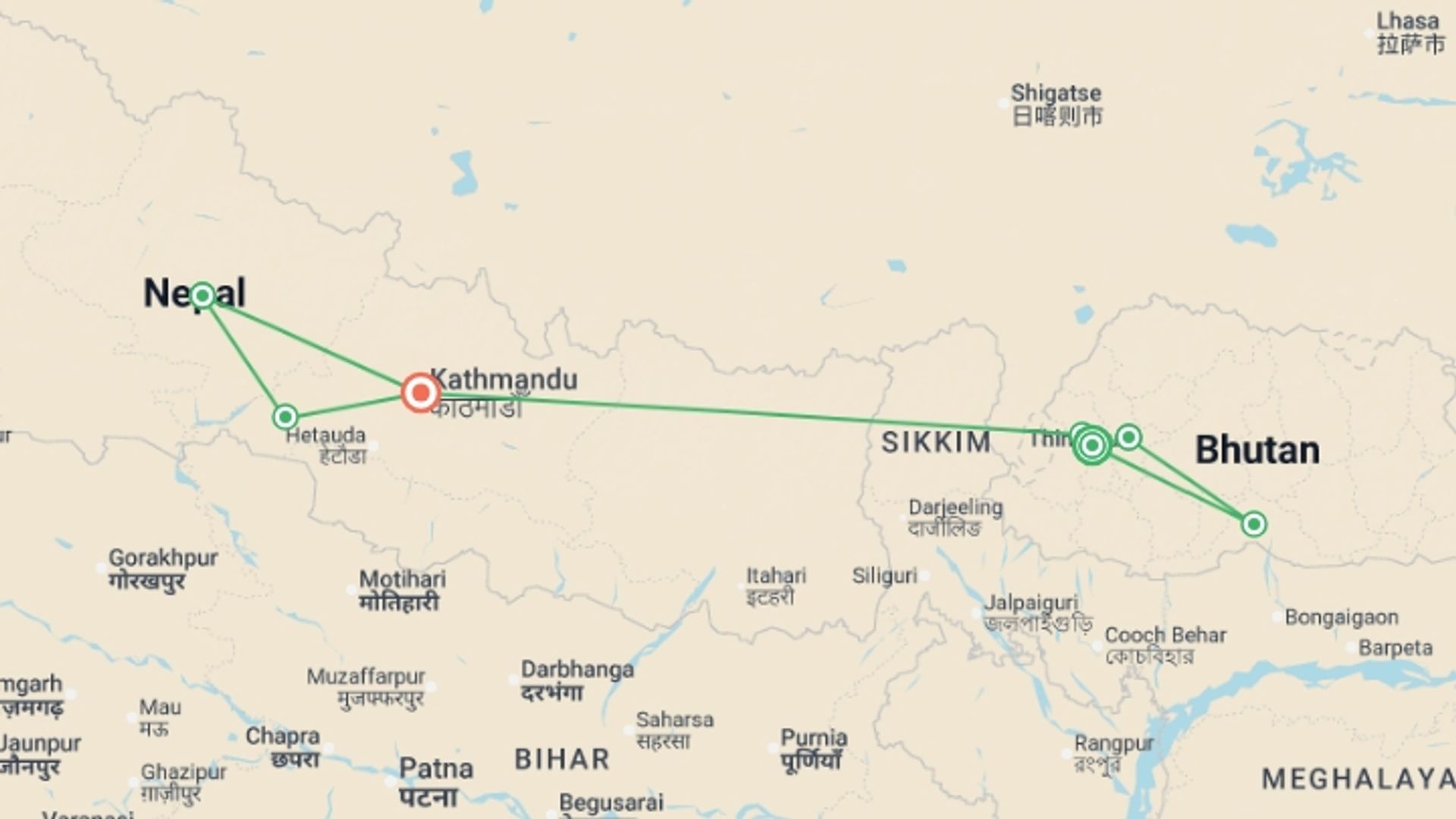 A map showing the tour itinerary for the trip: Highlights of Bhutan & Nepal - 15 Days, starting in Paro, Bhutan and ending in Kathmandu, Nepal going through 5 other destinations.