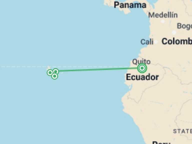 Map itinerary of Quito Tour in July 2027 with 4 destination visits for the trip: Galápagos Multisport