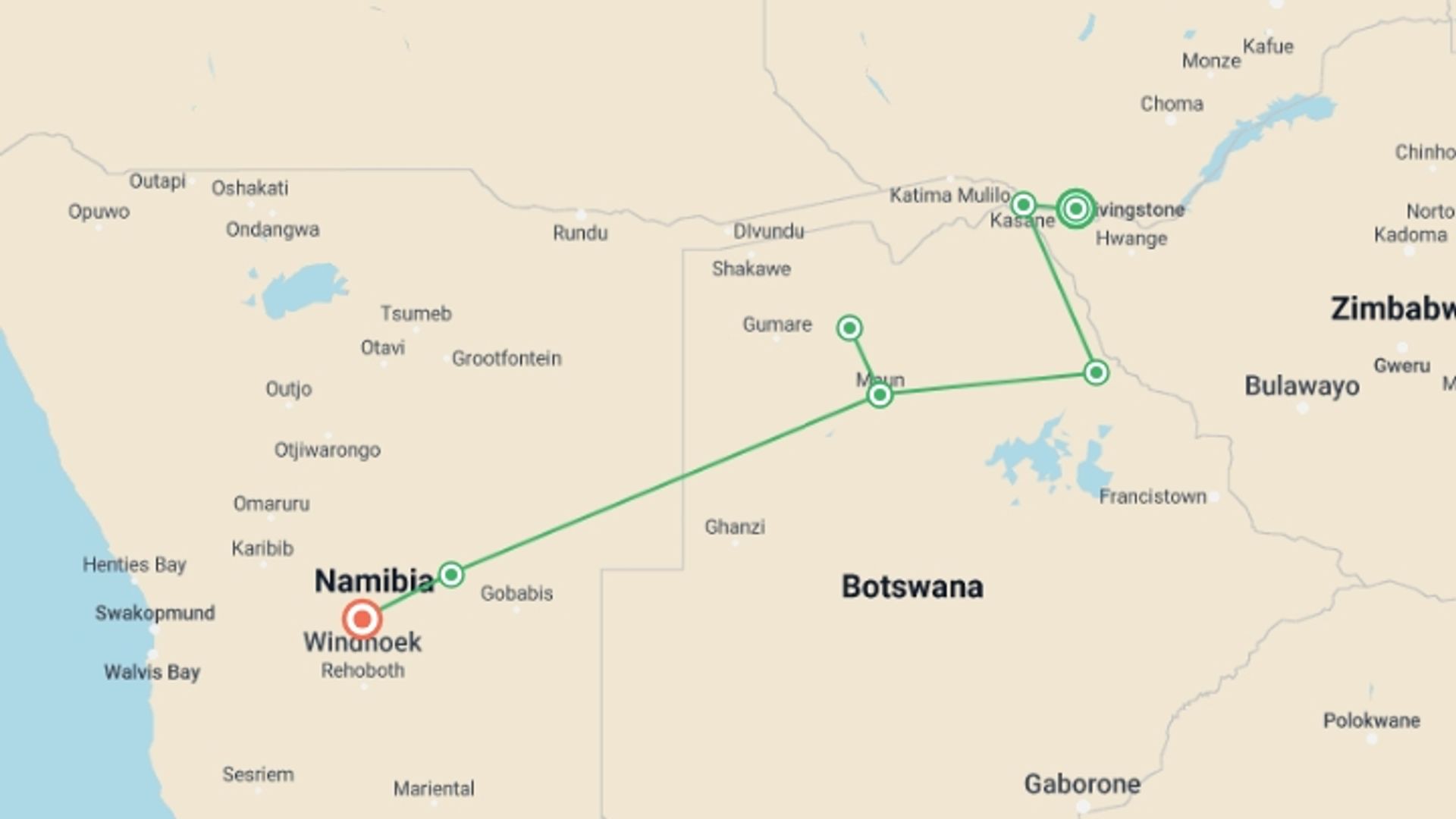 A map showing the tour itinerary for the trip: 8-day Chobe  Okavango Delta Express Accommodated, starting in Livingstone, Zambia and ending in Windhoek, Namibia going through 5 other destinations.