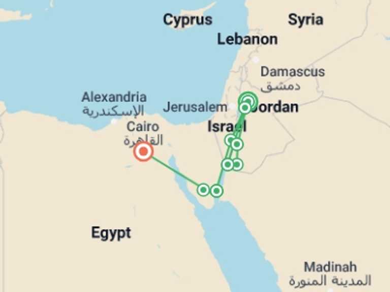 Map itinerary of Amman Tour in Spring with 9 destination visits for the trip: Jordan to Egypt: Wadi Rum Camping & Dead Sea Floating