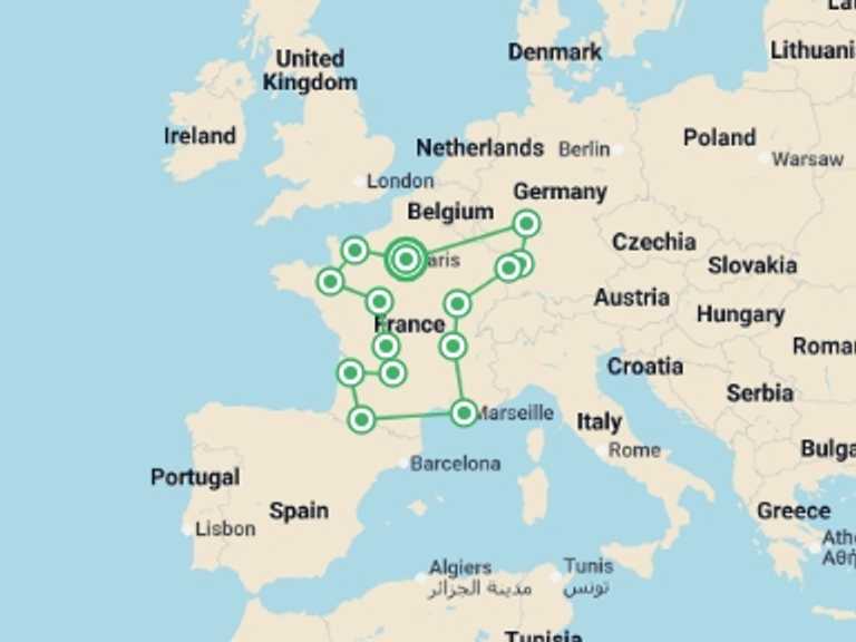 Map of Mediterranean Tour with 14 destination visits for the trip: French passion and the Black Forest