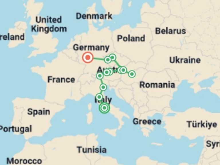 Map of 12-Day Vienna Tour with 8 destination visits for the trip: A Touch of Europe
