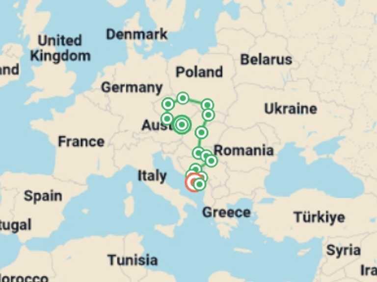 Map itinerary of Prague Tour in June 2026 with 15 destination visits for the trip: Vienna to Dubrovnik