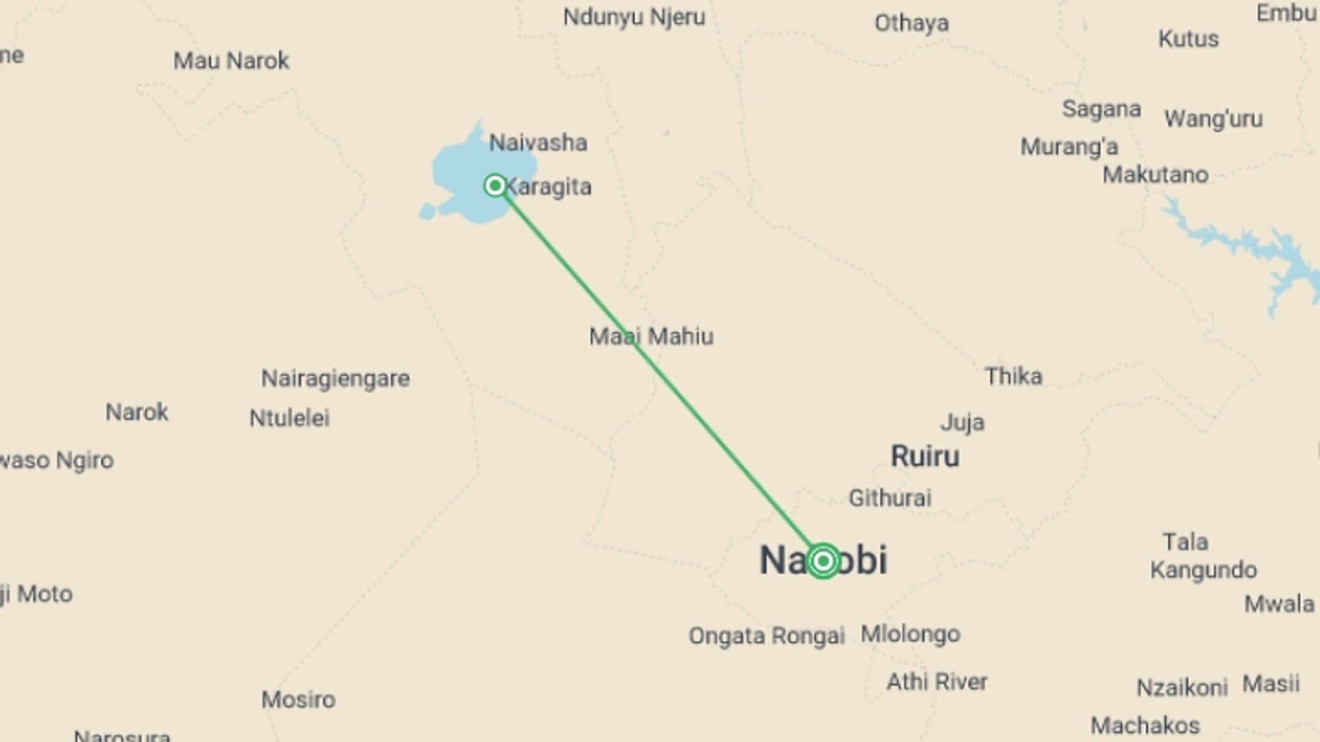 A map showing the tour itinerary for the trip: It's Happening Now, starting in Nairobi, Kenya and ending in Nairobi, Kenya going through 1 other destinations.