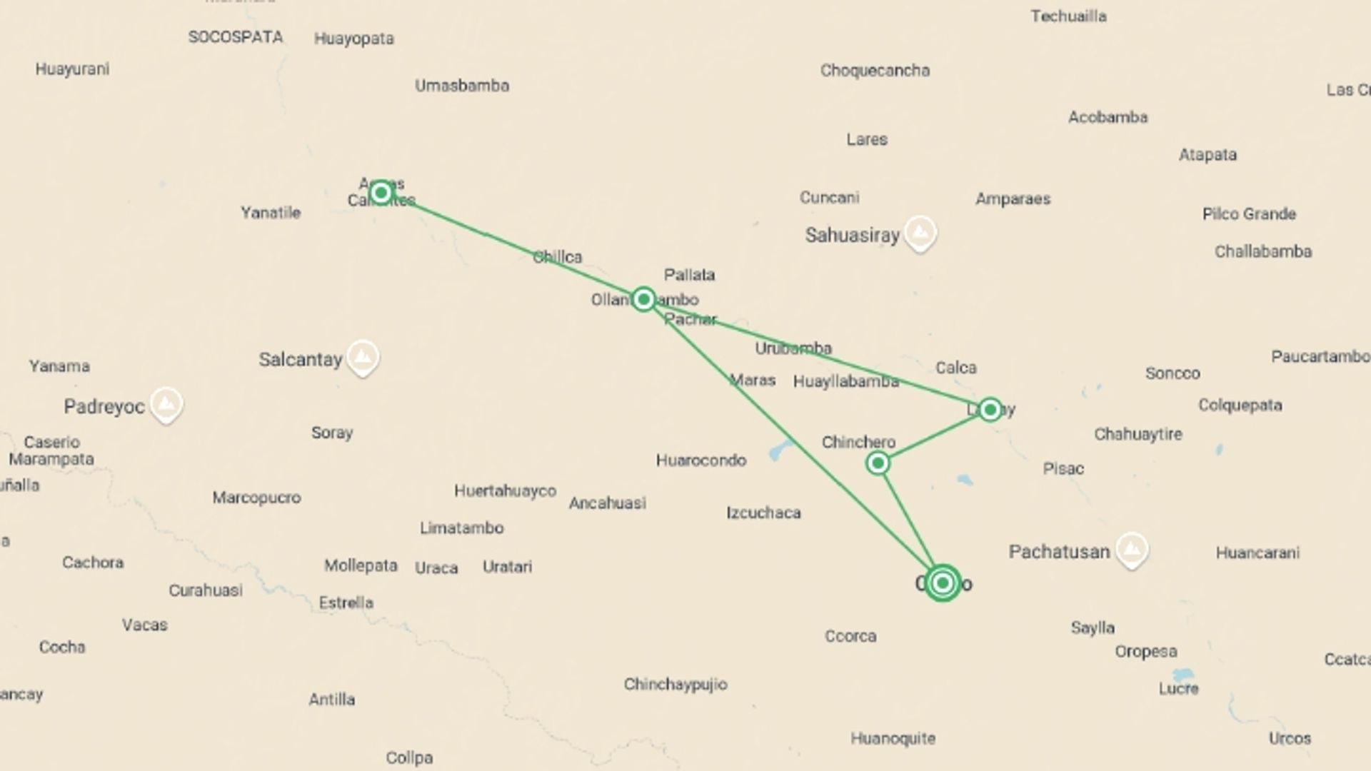 A map showing the tour itinerary for the trip: Sacred Valley Trek to Machu Picchu 2D/1N, starting in Cusco, Peru and ending in Cusco, Peru going through 1 other destinations.