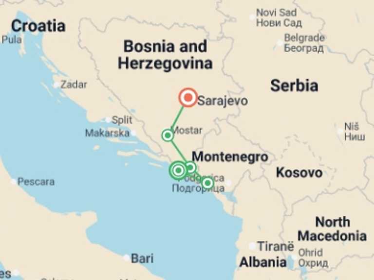 Map of Trebinje Explorer Tour with 5 destination visits for the trip: Journeys: Discover Montenegro and Bosnia