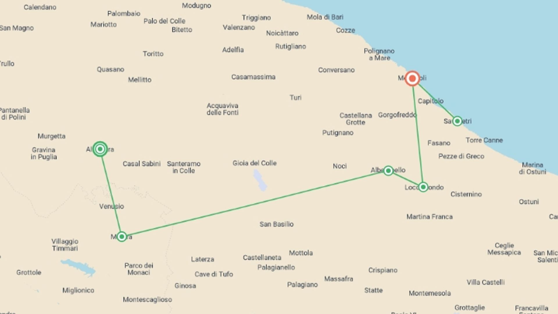 A map showing the tour itinerary for the trip: Cycle Puglia, starting in Altamura, Italy and ending in Monopoli, Italy going through 4 other destinations.