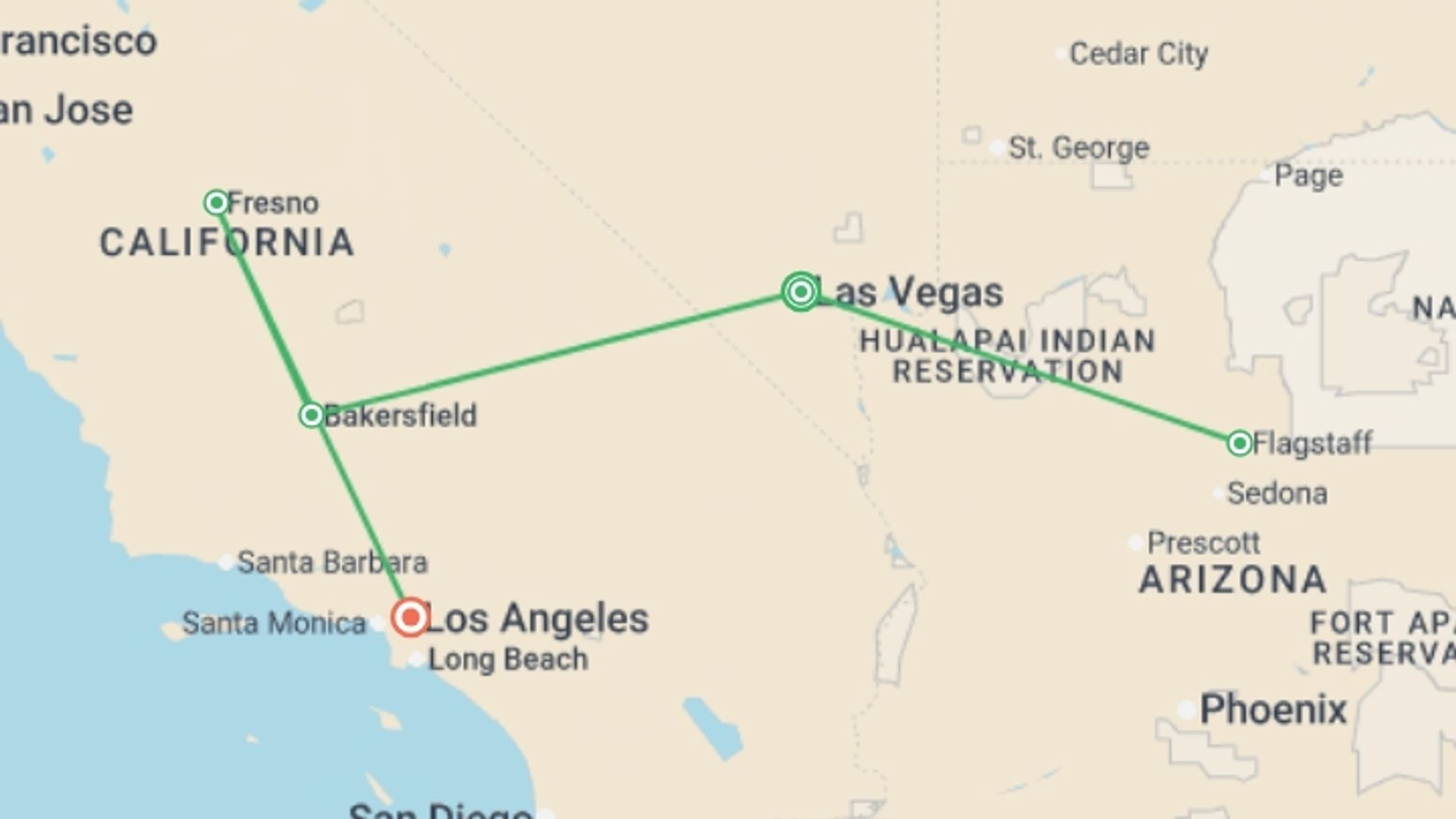 A map showing the tour itinerary for the trip: West Park from Las Vegas, starting in Las Vegas, USA and ending in Los Angeles, USA going through 3 other destinations.