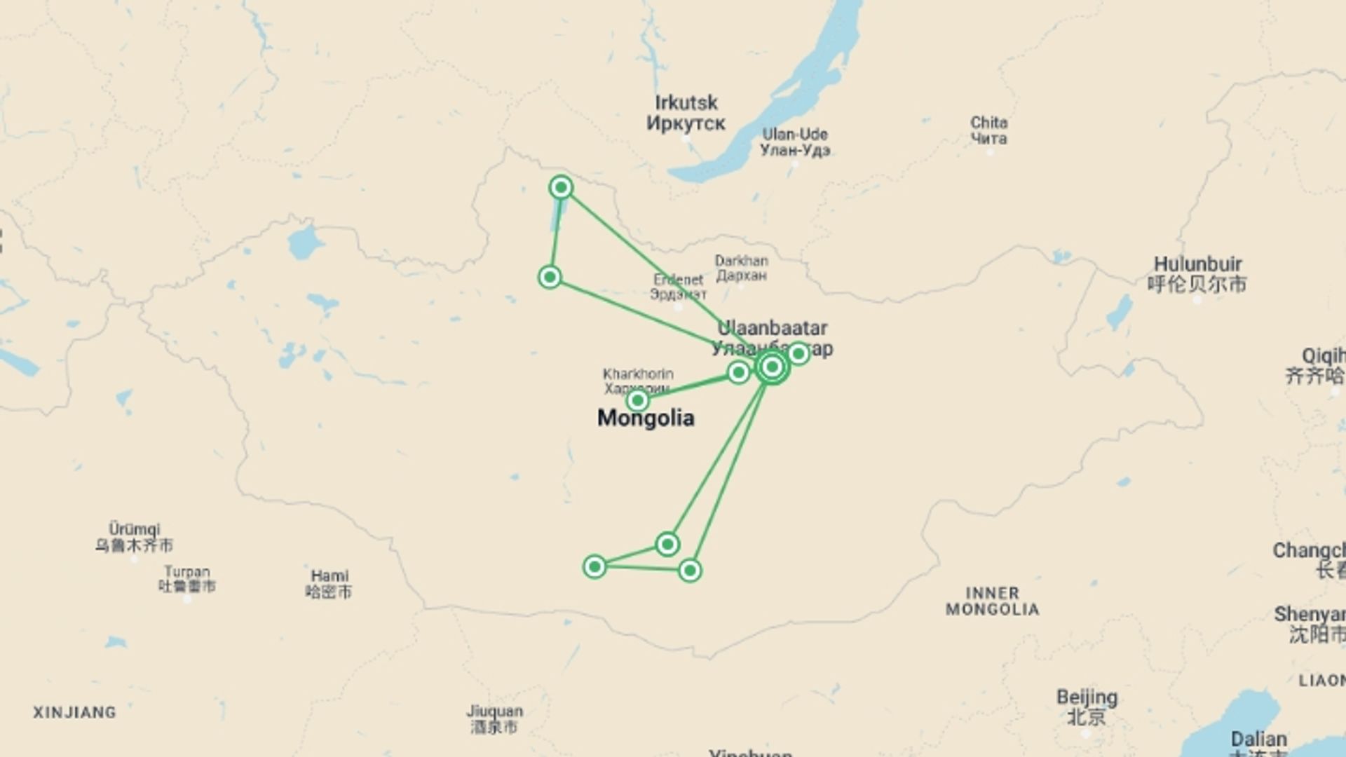 A map showing the tour itinerary for the trip: The Best of Mongolia Luxury Tour, starting in Khövsgöl province, Mongolia and ending in Ulaanbaatar, Mongolia going through 6 other destinations.