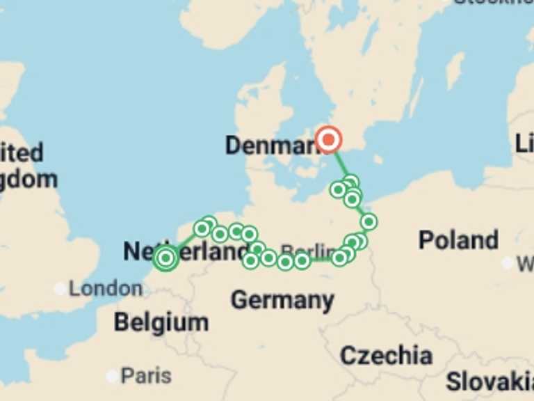 Map itinerary of Europe Tour in Spring with 15 destination visits for the trip: From Amsterdam to Copenhagen, explore the northern canals by cruising  the Elbe, the Havel, the Oder and the Baltic sea (port-to-port cruise)