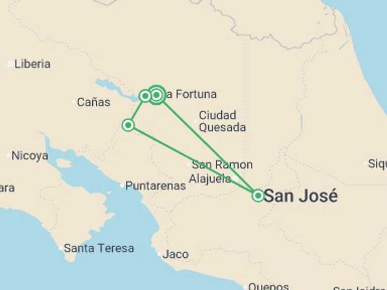 Map itinerary of Costa Rica Tour in February 2027 with 5 destination visits for the trip: Arenal And Monteverde, Short Break