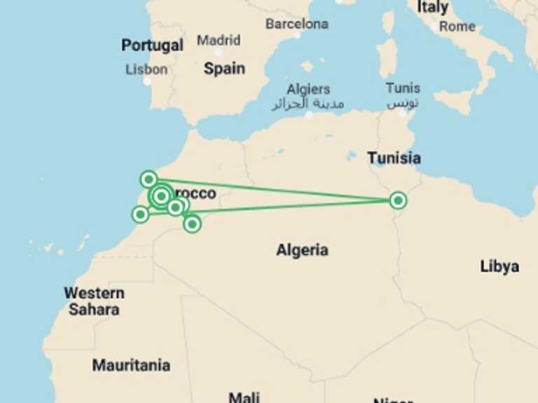 Map of 12-Day Marrakech Tour with 8 destination visits for the trip: Southern Morocco: The Sahara, The Coast & Marrakech