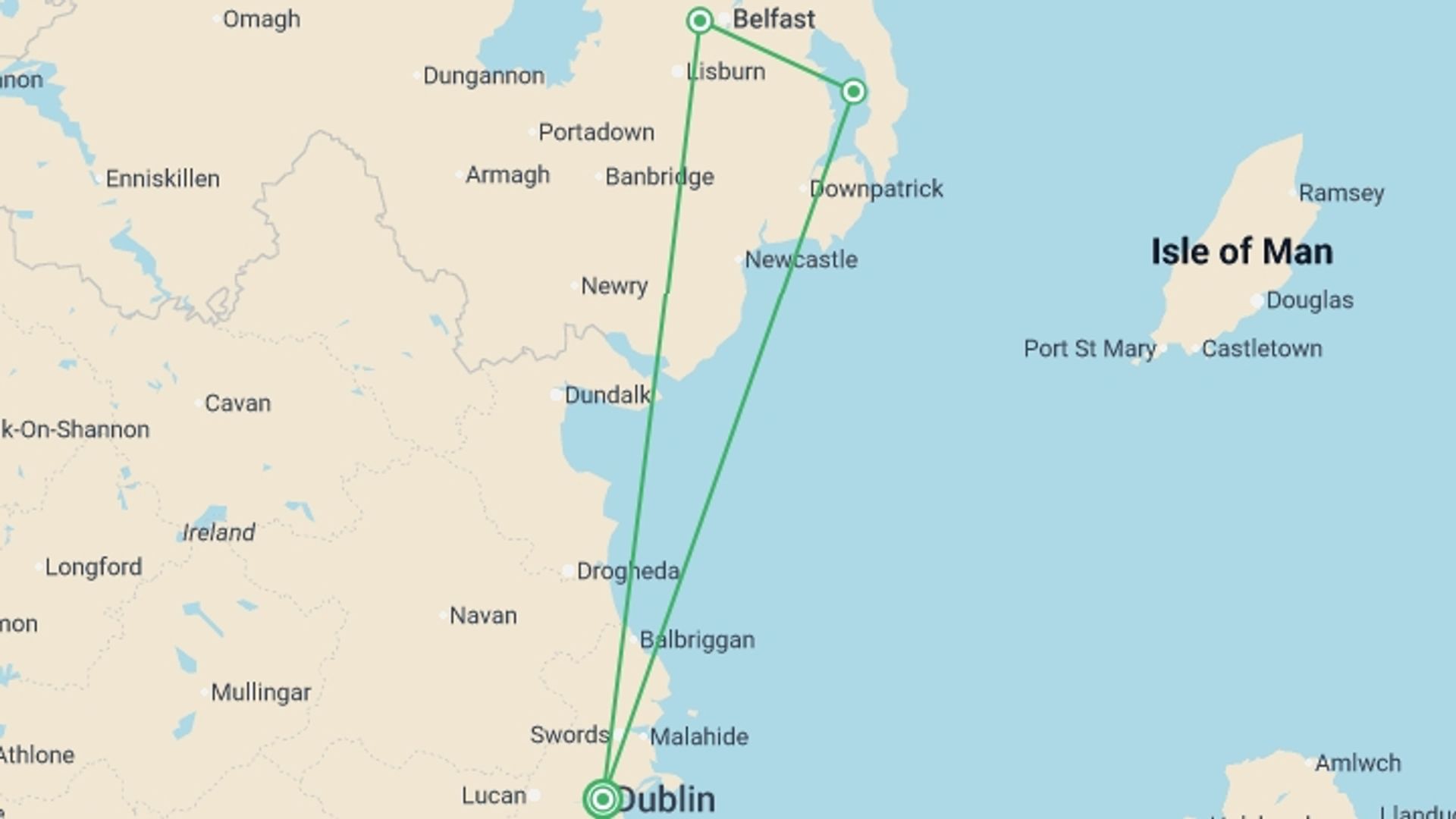 A map showing the tour itinerary for the trip: Into Northern Ireland (Hotel) - 3 days, starting in Dublin, Ireland and ending in Dublin, Ireland going through 1 other destinations.