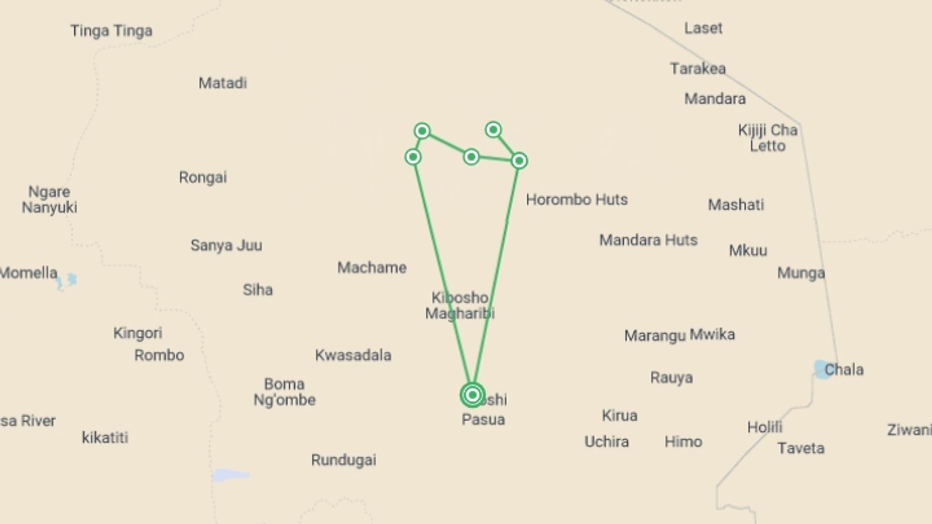 A map showing the tour itinerary for the trip: Kilimanjaro: Machame Route, starting in Moshi, Tanzania and ending in Moshi, Tanzania going through 5 other destinations.