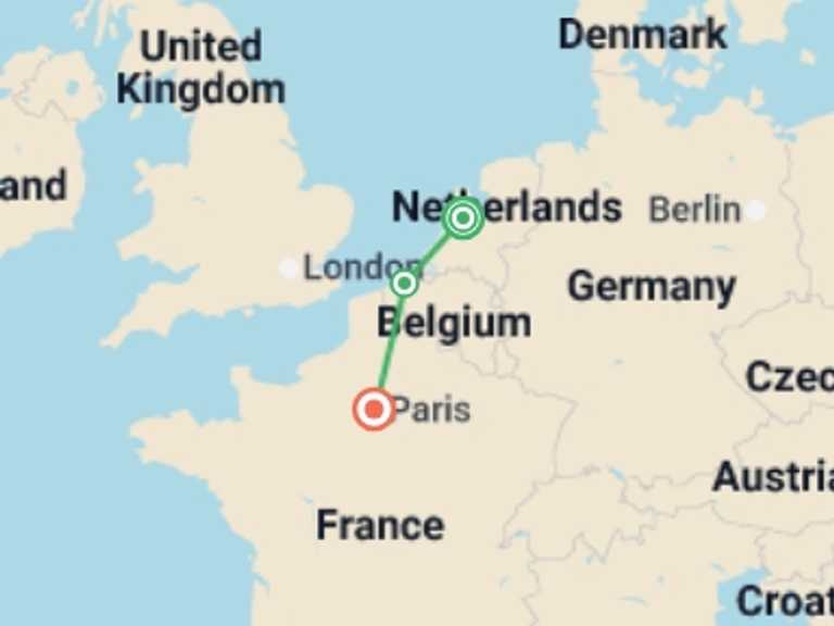 Map of Europe Tour with 3 destination visits for the trip: Wonders Of Amsterdam Bruges And Paris By Rail