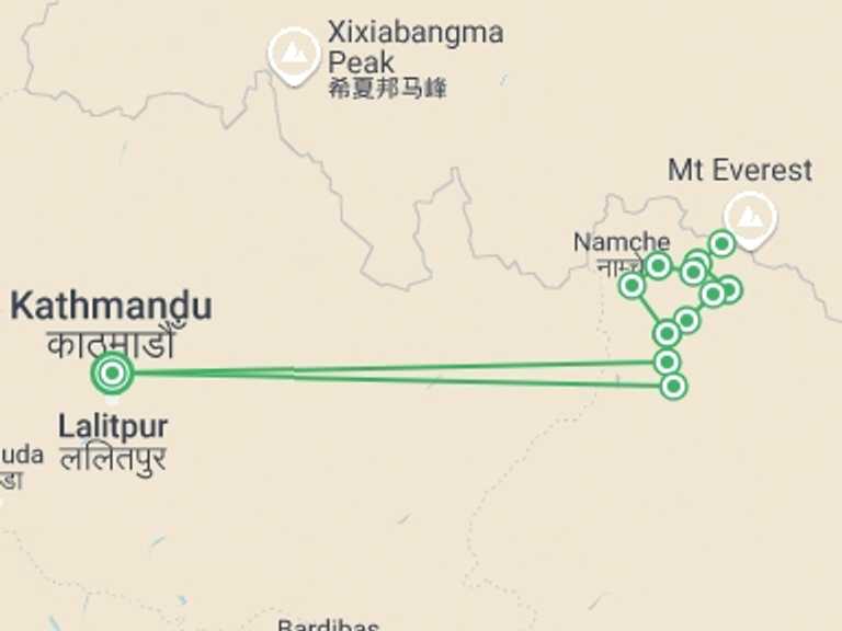 Map itinerary of Nepal Tour in Winter with 13 destination visits for the trip: Everest Three High Passes Trek