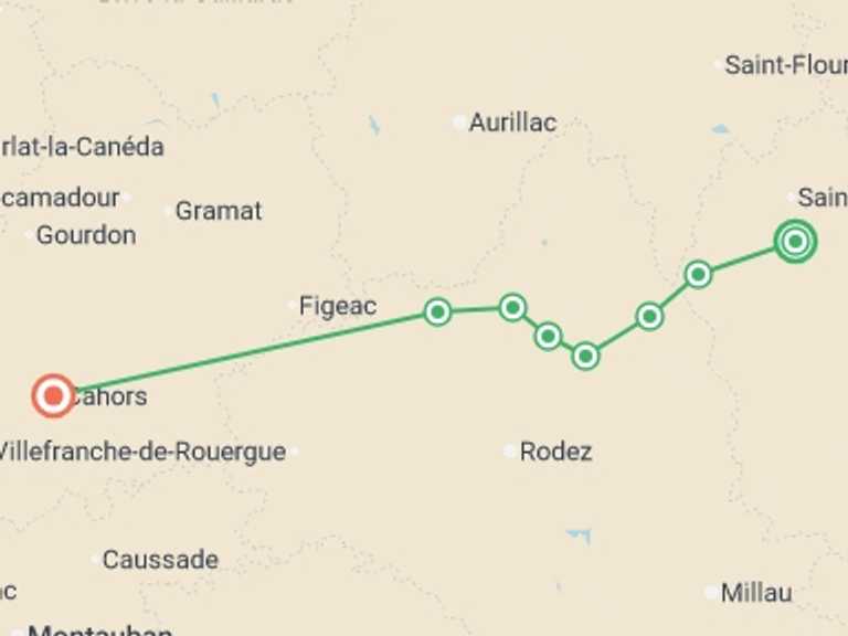 Map itinerary of Mediterranean Tour in April 2026 with 9 destination visits for the trip: Le Puy Camino - Aumont to Conques