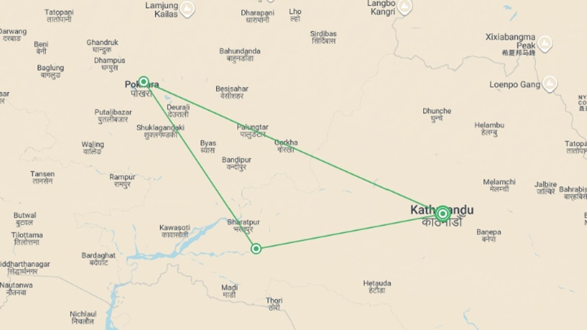 A map showing the tour itinerary for the trip: Premium Nepal, starting in Kathmandu, Nepal and ending in Kathmandu, Nepal going through 2 other destinations.