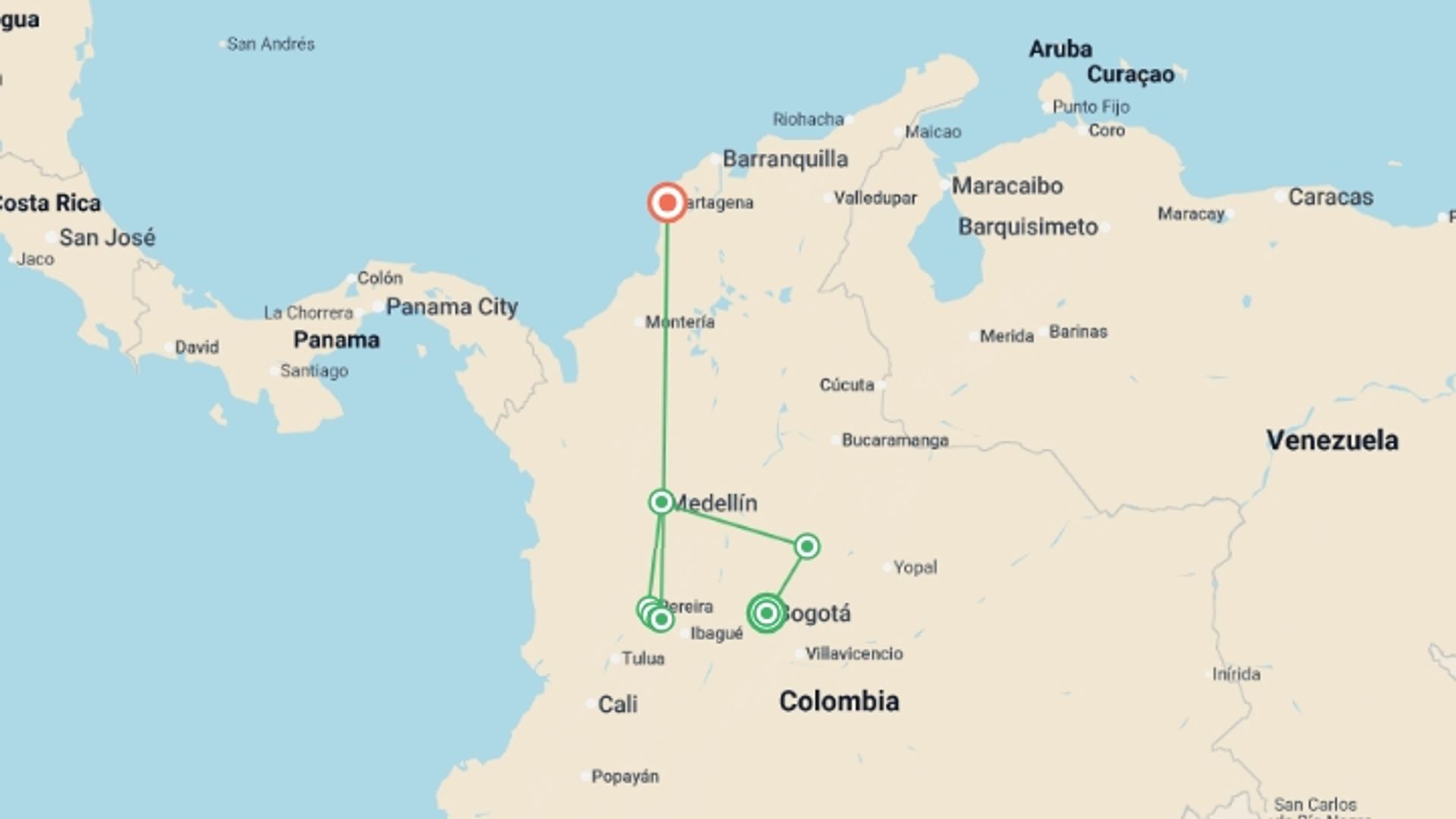 A map showing the tour itinerary for the trip: Capital to Cartagena - 10 days, starting in Bogota, Colombia and ending in Cartagena, Colombia going through 4 other destinations.