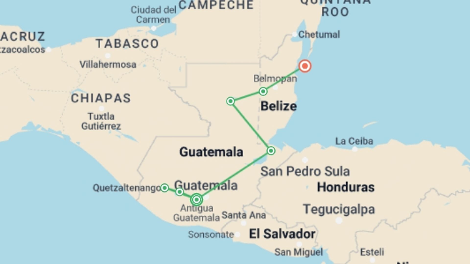 A map showing the tour itinerary for the trip: Best of Guatemala and Belize, starting in Antigua, Guatemala and ending in Caye Caulker, Belize going through 5 other destinations.