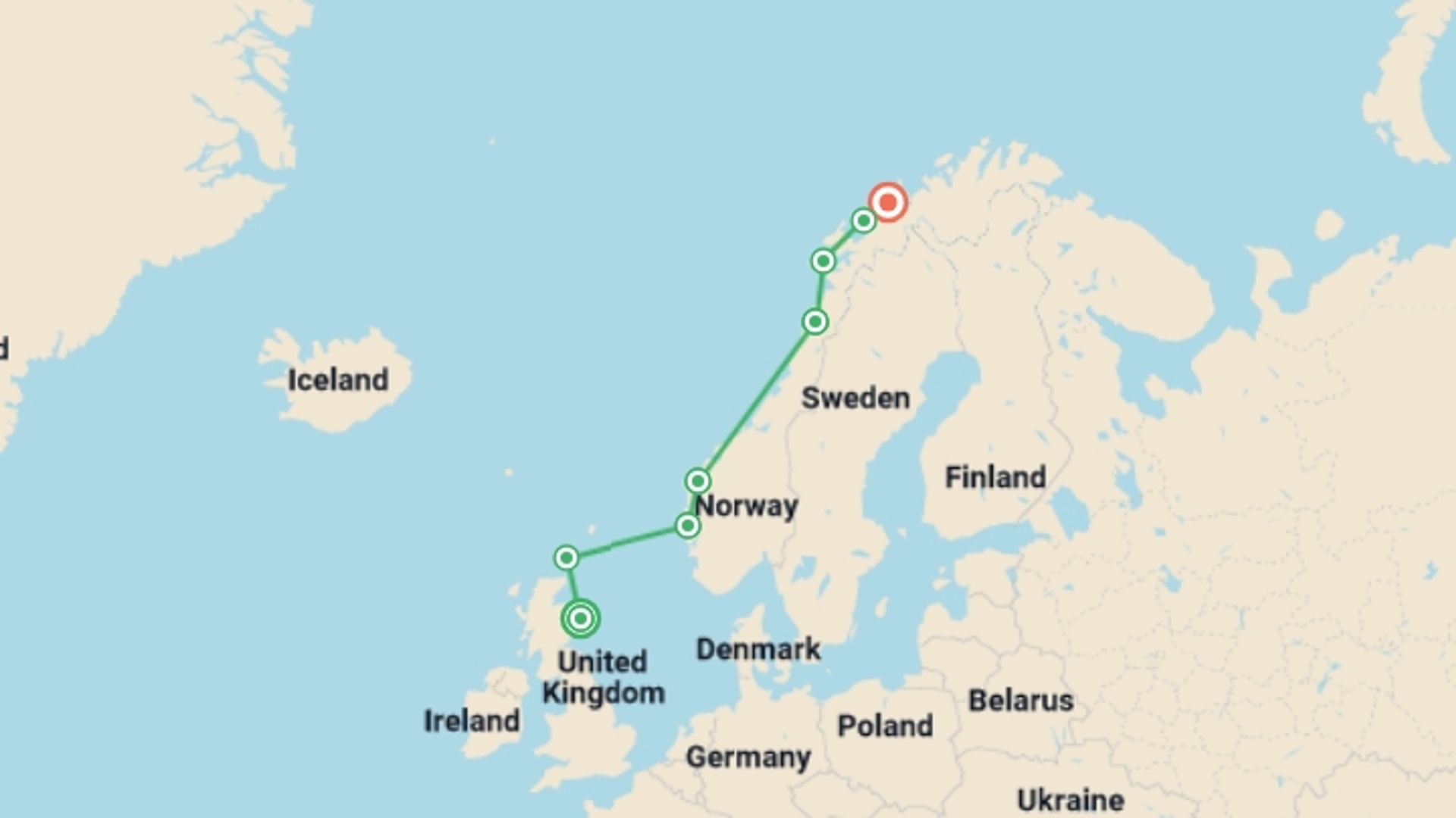 A map showing the tour itinerary for the trip: Wild Scottish Isles & Norwegian Fjords - M/V Sylvia Earle, starting in Aberdeen, Scotland and ending in Tromso, Norway going through 6 other destinations.