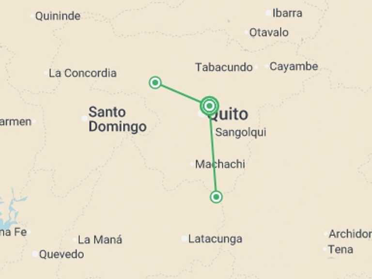 Map itinerary of South America Tour in February 2027 with 1 destination visits for the trip: 6-day Highlights Of Mainland Ecuador: Quito, Otavalo, Cotopaxi & Mindo Cloud Forest, French-speaking Guide