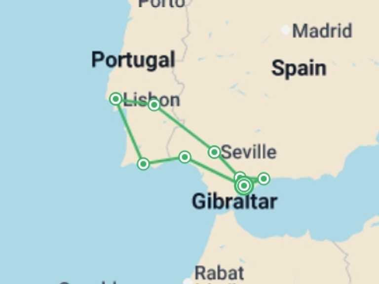 Map itinerary of Spain Tour in May 2027 with 5 destination visits for the trip: Flamenco And Fado, Self-drive (multi Country)