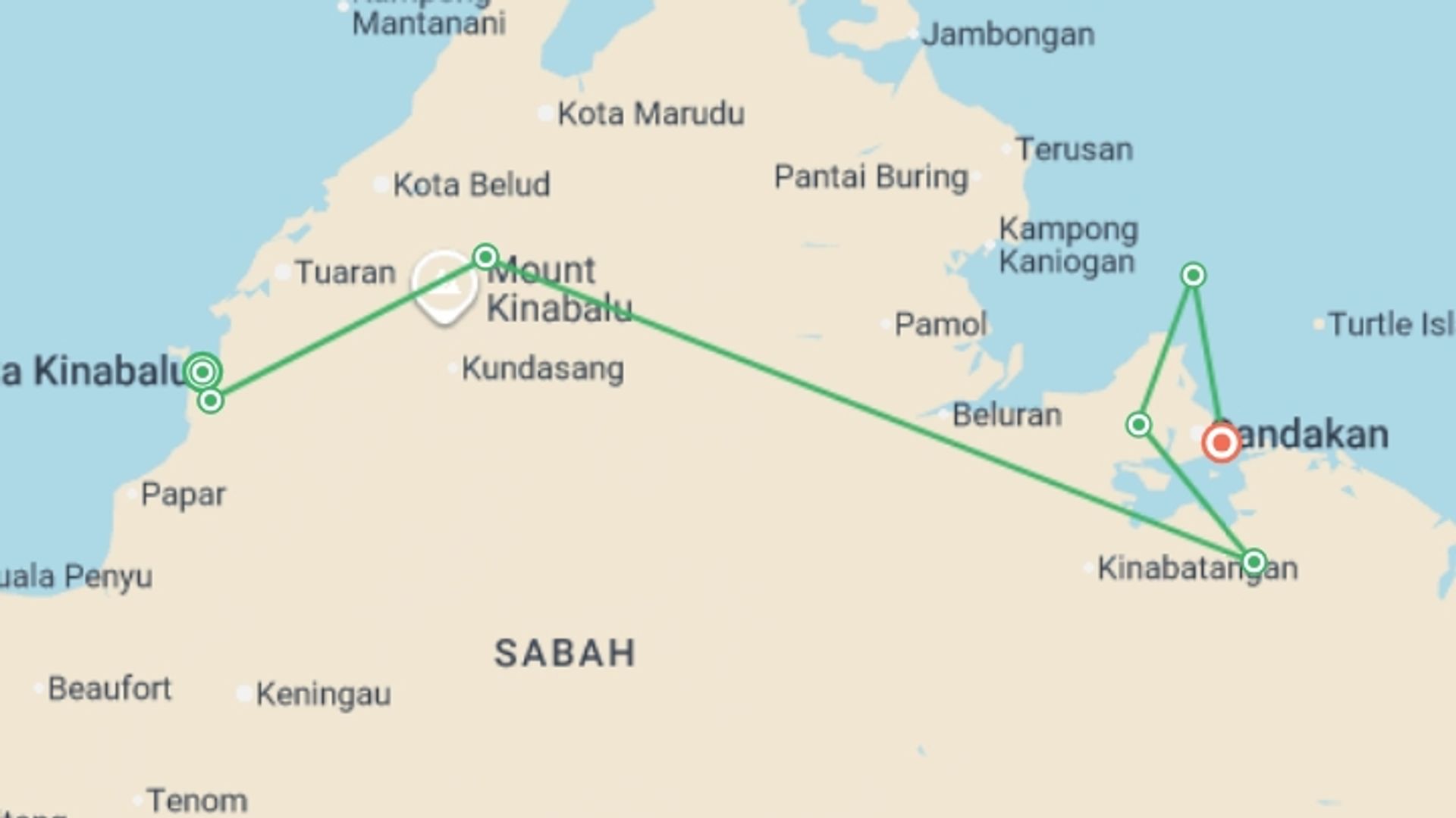 A map showing the tour itinerary for the trip: Sabah Adventure, starting in Kota Kinabalu, Malaysia and ending in Sandakan, Malaysia going through 5 other destinations.
