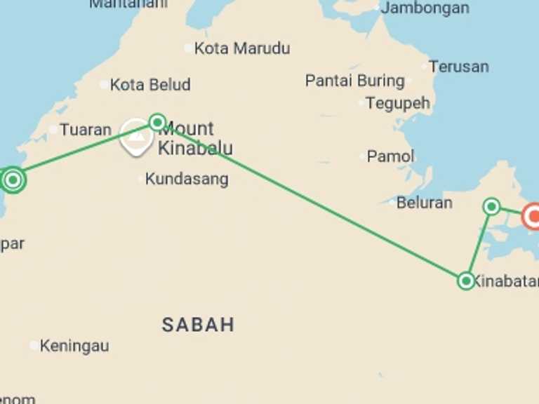 Map itinerary of Asia Tour in May 2026 with 6 destination visits for the trip: Sabah Highlights Adventure 7D/6N