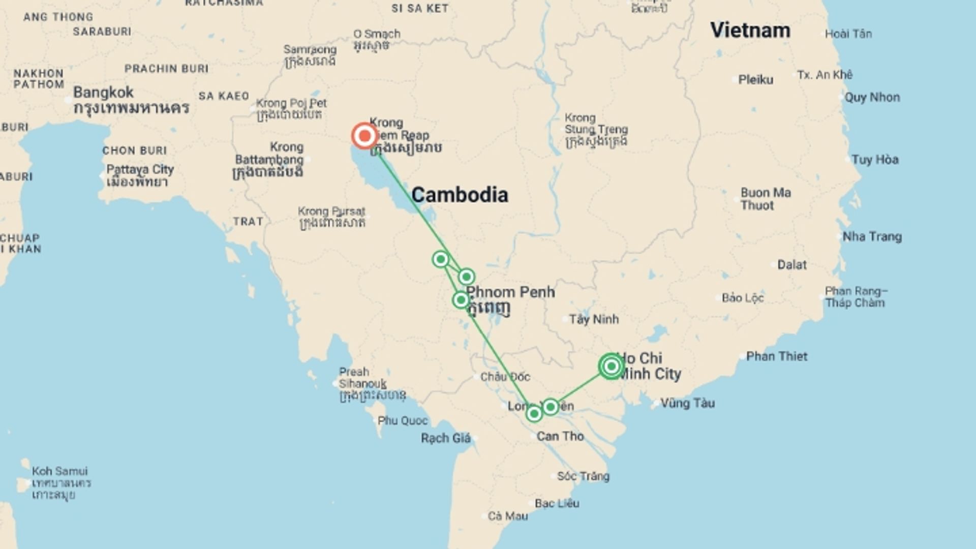 A map showing the tour itinerary for the trip: The Mekong in a different way - Between adventure and must-seesites (port-to-port cruise), starting in Ho Chi Minh City, Vietnam and ending in Siem Reap, Cambodia going through 5 other destinations.