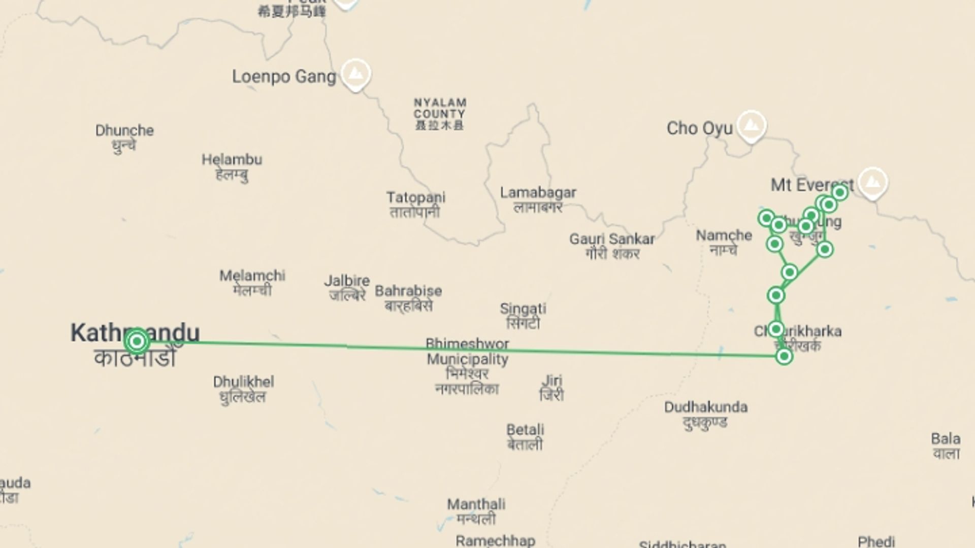 A map showing the tour itinerary for the trip: Gokyo Lake & Everest Base Camp Trek, starting in Kathmandu, Nepal and ending in Kathmandu, Nepal going through 12 other destinations.