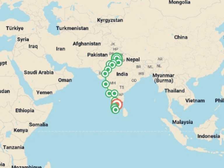 Map itinerary of Varkala Tour in August 2026 with 17 destination visits for the trip: India North to South: Goa & The Golden Triangle