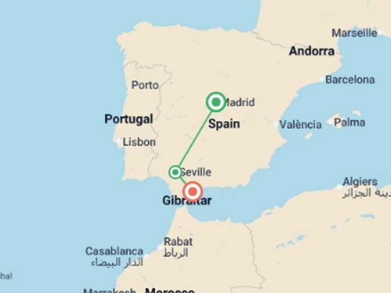 Map of Europe Tour with 3 destination visits for the trip: Madrid & Merida to Costa del Sol - 3 days
