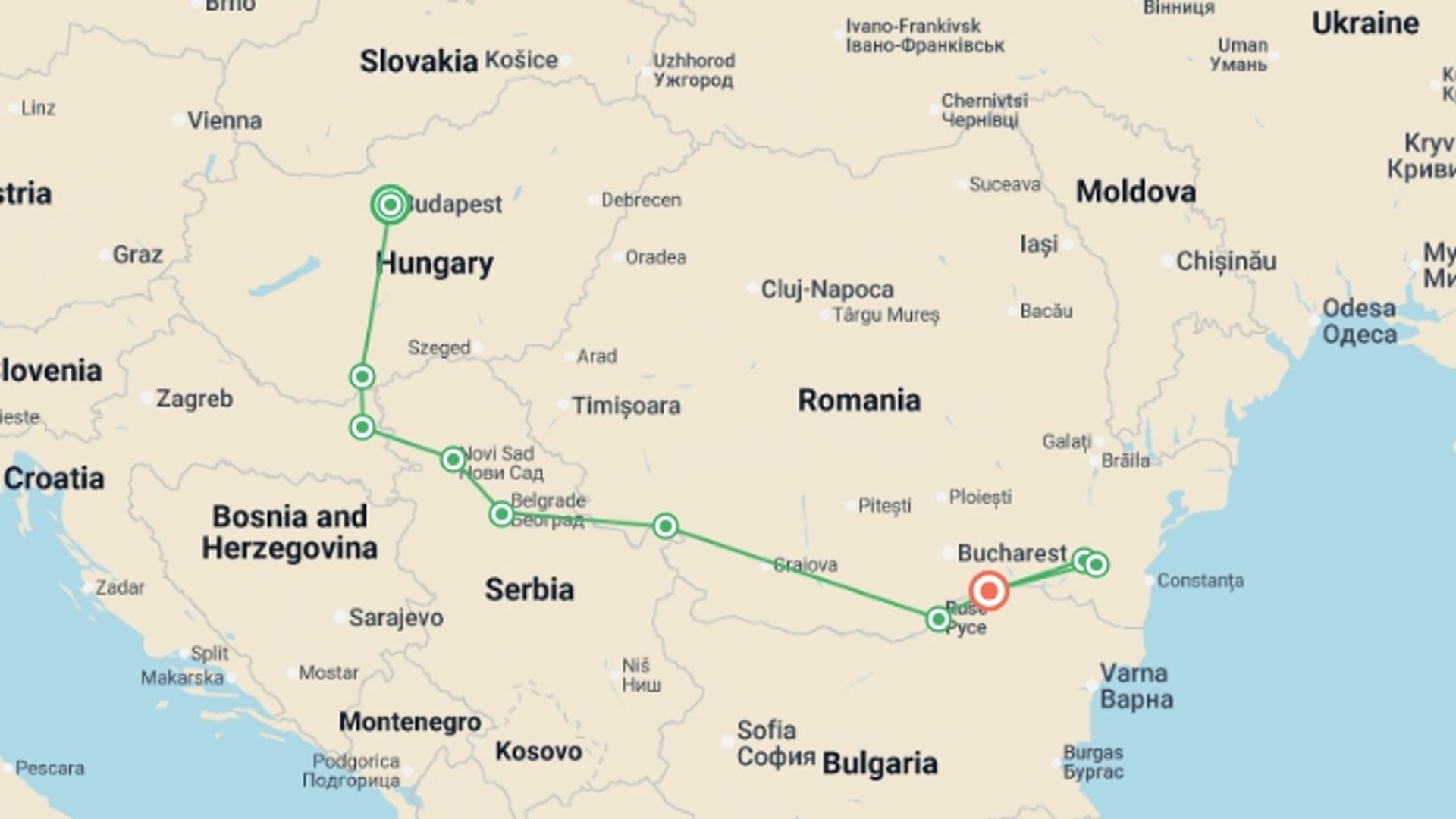 A map showing the tour itinerary for the trip: Along the river Danube, Budapestand  the Balkan peninsula (port-to-port cruise), starting in Budapest, Hungary and ending in Oltnenita, Romania going through 7 other destinations.
