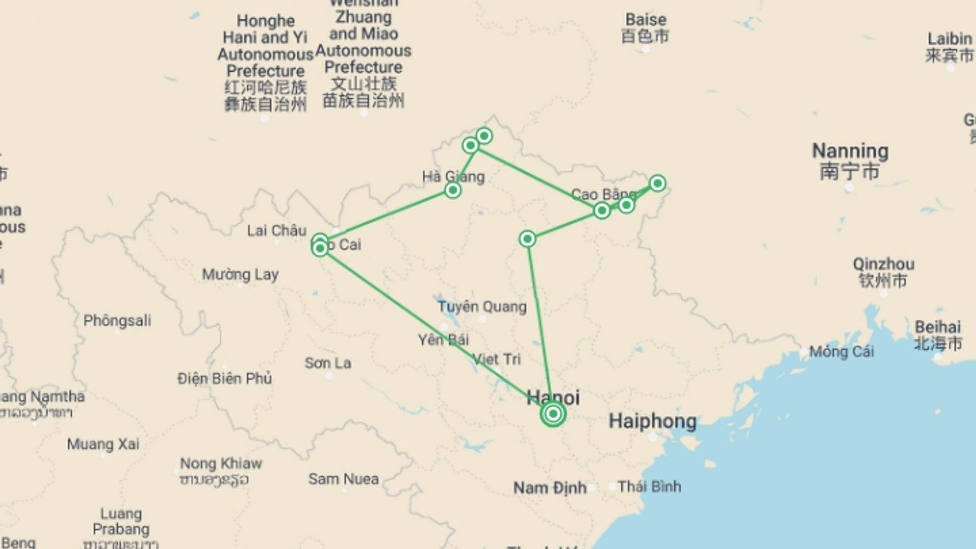 A map showing the tour itinerary for the trip: Off The Beaten Track North Vietnam 8 Days 7 Nights, starting in Hanoi, Vietnam and ending in Hanoi, Vietnam going through 7 other destinations.