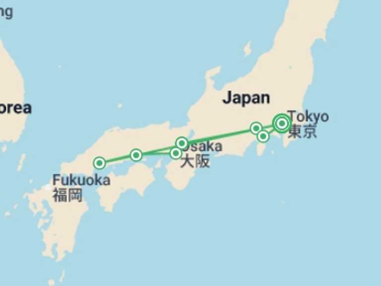 Map itinerary of Japan Tour in January 2027 with 7 destination visits for the trip: Essential Japan and Hakone end Tokyo